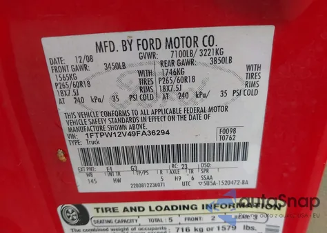 2009 Ford F-150 King Ranch/Lariat/Platinum/Xl/Xlt z USA, uszkodzony, nr VIN 1FTPW12V49FA36294